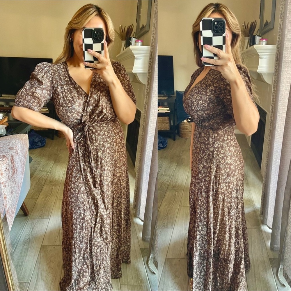 Masscob | 100% Cotton Brown Floral Maxi Wrap Dress Size: Small